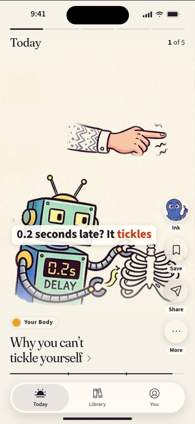 A robot with a 0.2 second delay tickles a ribcage. Caption: 0.2 seconds late? It tickles.